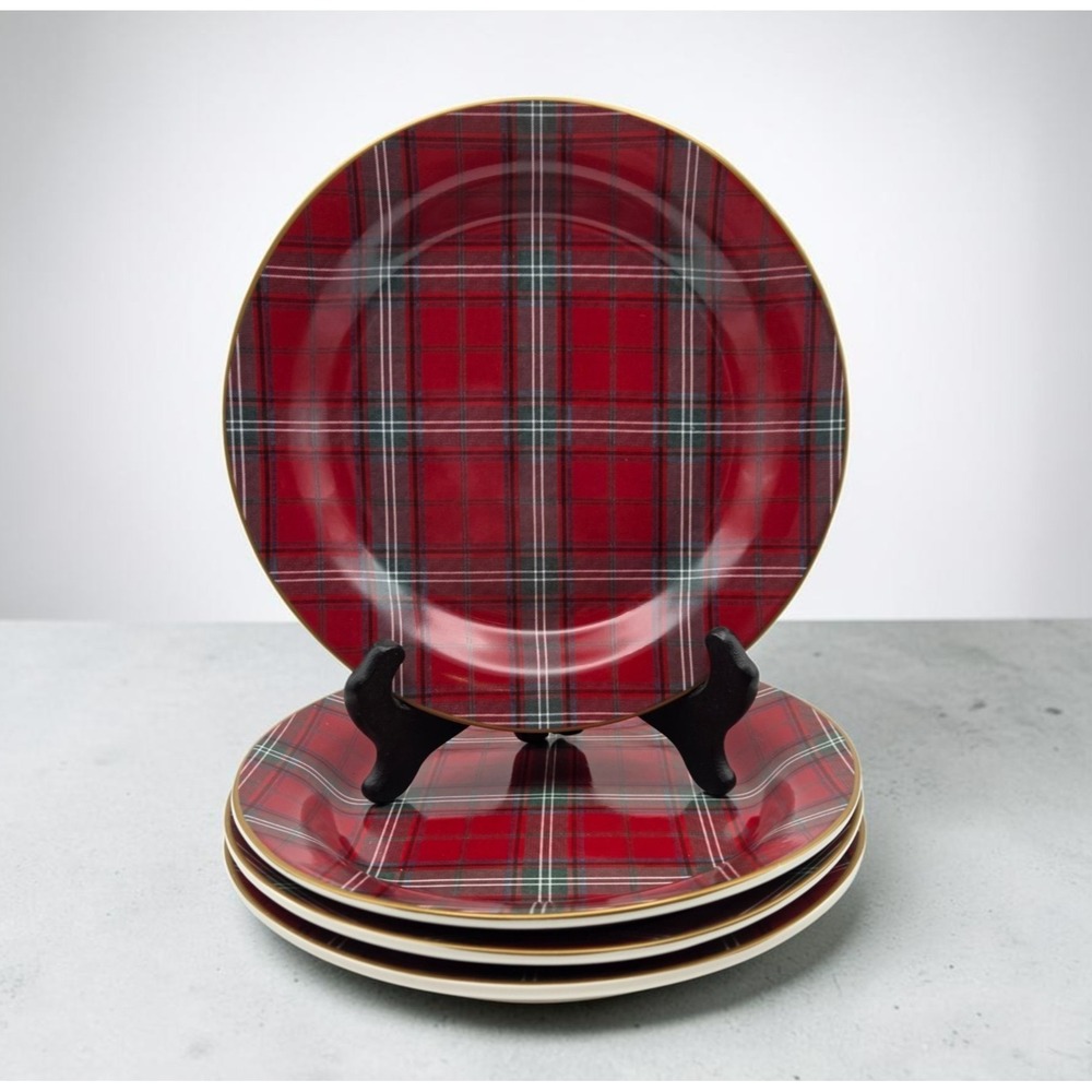Set Of 4 Williams Sonoma Red Tartan Plaid Salad / Dessert Plates 8.5" Gold Rim